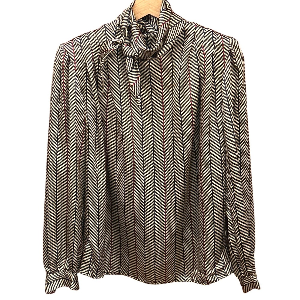 80s Eva Laurel Blouse Bow Neck Tie Secretary Core Dark Academia Chevron Print 8